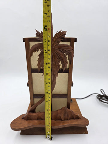 Vintage Mid Century Modern Carved Hawaiian Koa Wood Palm Tree Tiki Table Lamp