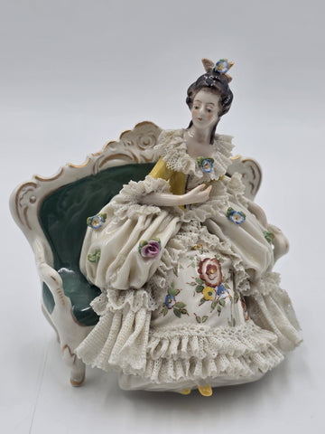 Vintage Dresden Lace Porcelain Lady Figurine Seated On Settee Sofa Germany 1078