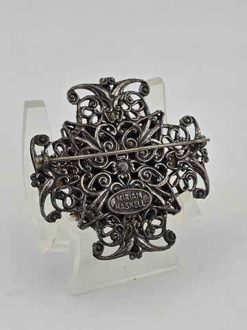 VTG 1950s Signed Miriam Haskell Brooch Pin 1 7/8 Filigree Faux Pearls Ornate