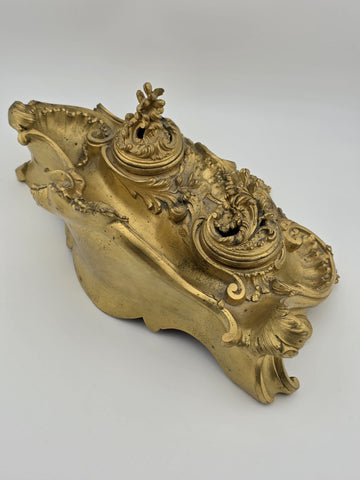 Antique 19th C French Louis XV Rococo Ornate Gilt Bronze Ormolu Inkwell Inkstand