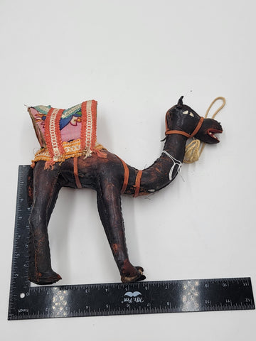 Rare Set Of 3 Antique Handmade Leather Camels W Saddles Nativity. Circa 1910.