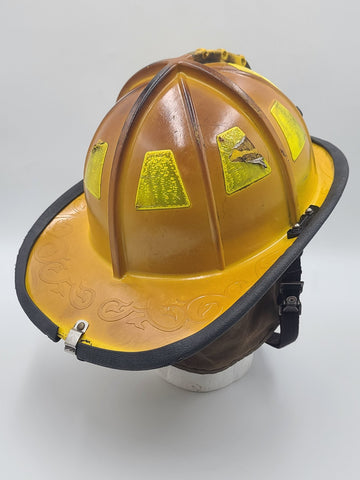 MSA Cairns 1044 2015 Yellow Firefighter Helmet Front Visor. Seen Fire Action.