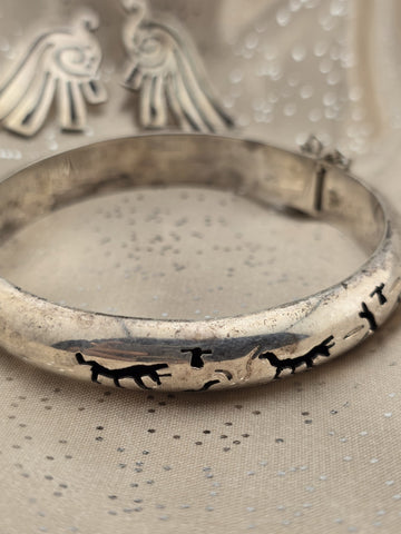 Aztec Style Mexican 925 Sterling Silver Animal Hinged Bracelet & Earrings Set