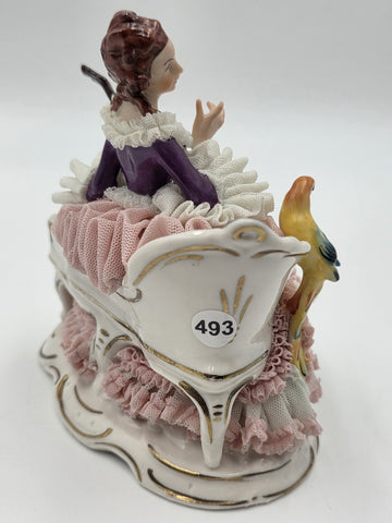 Vintage Dresden Art Germany Lace Porcelain Lady Musician Figurine Bird Bench
