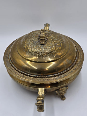 Antique Chinese Brass Dragon Handle Lidded Tureen Qing Hot Pot with Foo Dog Lid