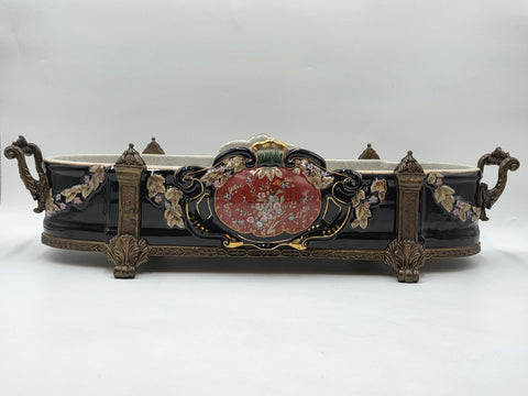 ANTIQUE XL CASTILIAN PORCELAIN BRONZE BOWL CENTERPIECE CLAWFOOT FLORAL VICTORIAN