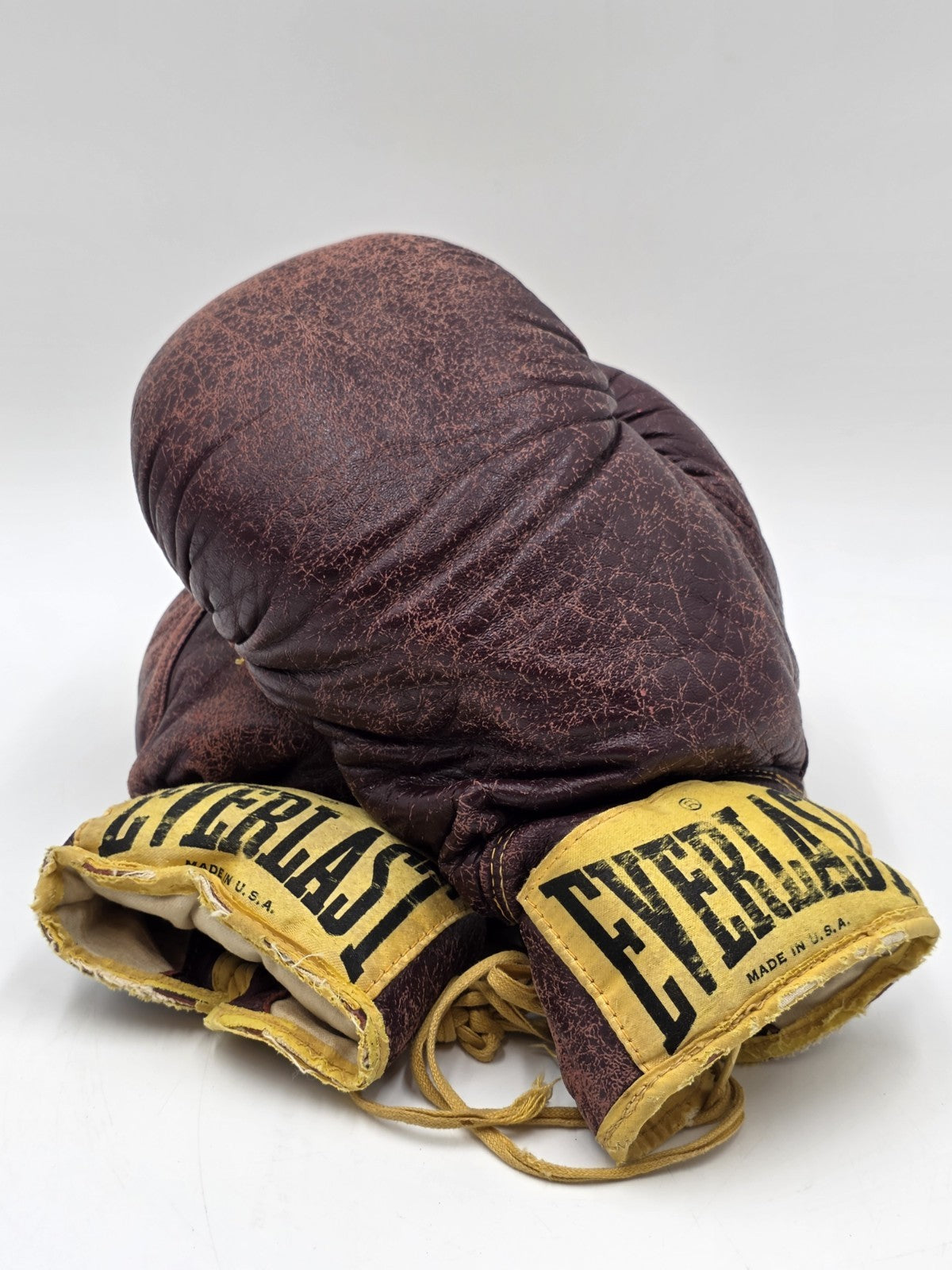Antique 1950s Everlast 12oz Brown Leather Lace-Up Boxing Gloves Made in USA