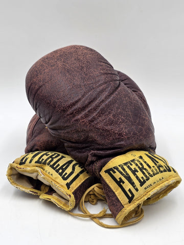 Antique 1950s Everlast 12oz Brown Leather Lace-Up Boxing Gloves Made in USA