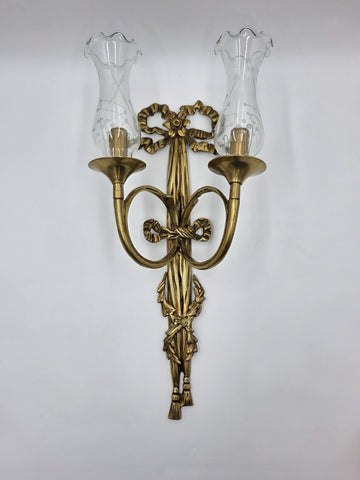 Pair Vintage Louis XVI Style French Ormolu Brass Wall Sconces w/ Etched Glass.