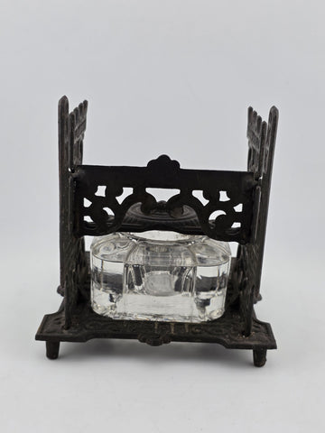 Antique TATUM'S Postal Ink Stand Cast Iron Glass Inkwell Quill & Envelope Holder