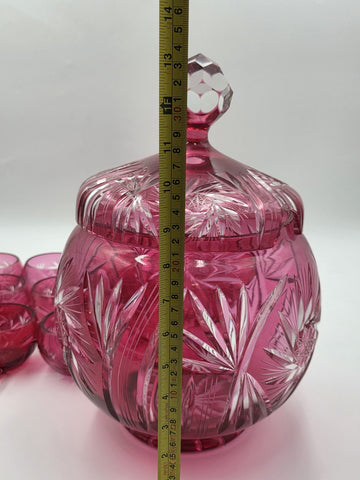 Rare 1940's Vtg Bohemian Cranberry Cut to Clear Crystal Punch Bowl Set w/13 Cups