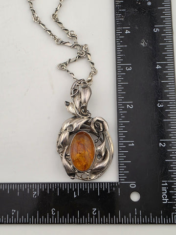 Antique Heavy Mid Century 925 Sterling Silver & Baltic Amber Pendant& Necklace.