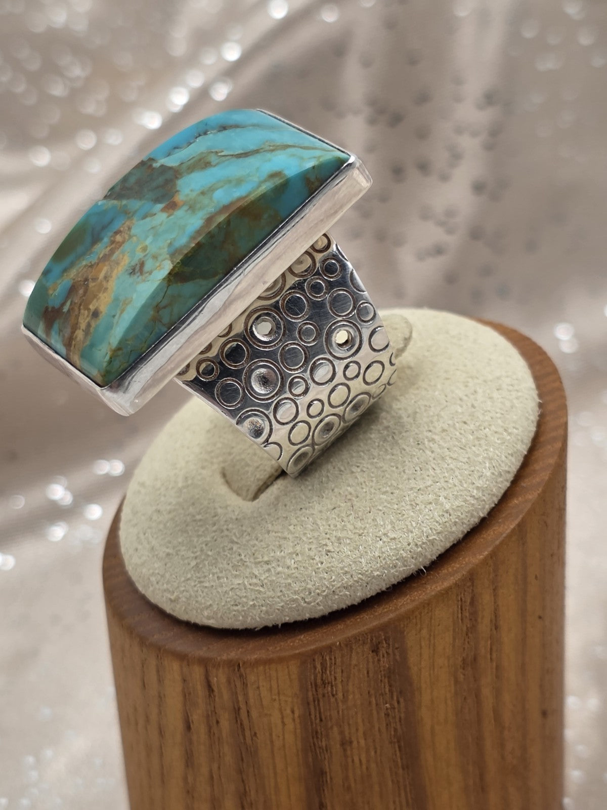 Large Natural Turquoise Sterling Silver Modern Statement Ring Wide Band Size 8.5