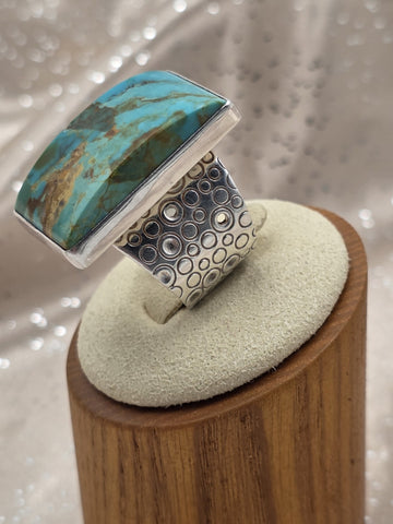 Large Natural Turquoise Sterling Silver Modern Statement Ring Wide Band Size 8.5