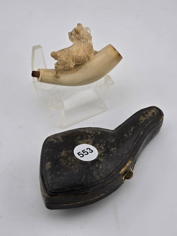 Antique 19th C ECHT German Meerschaum Pipe Hunting Dog Theme W Original Case.