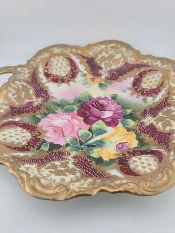 Antique Royal Kinran Nippon HandPainted Platter Moriage Pink Yellow Rose Gold