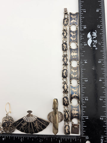 Rare Antique 1940s Siam Sterling Silver Niello Jewelry His And Hers Complete Set