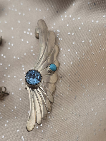 Rare Vintage Sterling Silver Wing Earrings Turquoise Blue Topaz Stone R.B. 925