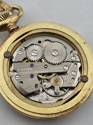 Vintage French Pocket Watch Nastrix 17J Antichoc Engraved Gold Filled Case 36mm