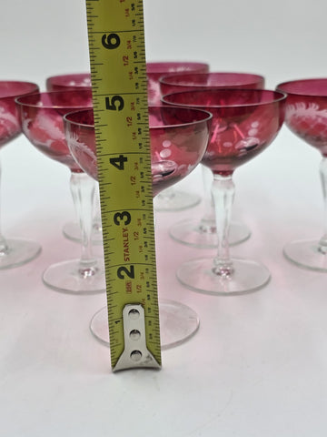 Rare Set Of 8 Antique Edwardian Wine Cranberry Glass Engraved Etched & Pitcher.