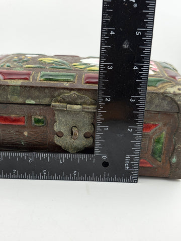 RARE ANTIQUE JAPANESE COPPER  BRASS-BOUND JEWELRY BOX W RAISED ENAMEL DECO MEIJI