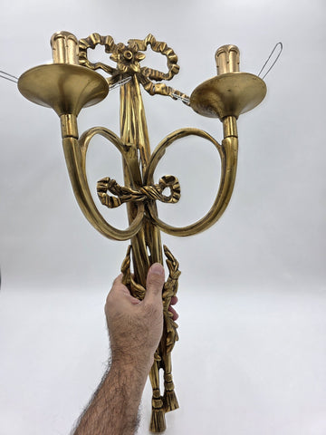 Pair Vintage Louis XVI Style French Ormolu Brass Wall Sconces w/ Etched Glass.