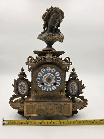 Private: 19th Century Brass & Porcelain Mantel Clock w Eight Day Movement. Works