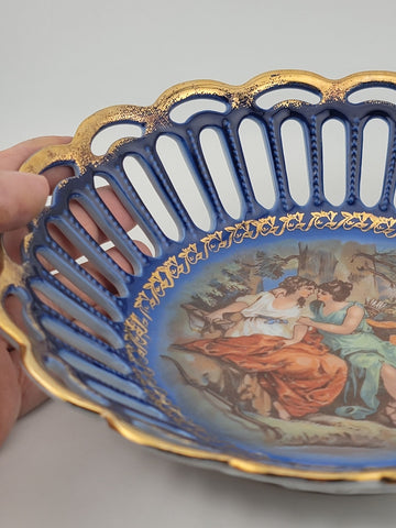 Antique Porcelain Cobalt Blue Lace Serving Plate/Bowl, made in Germany.  8.5 in.