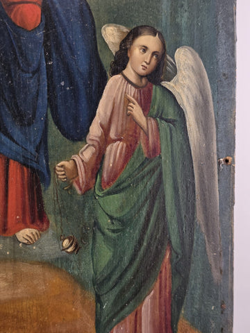 Antique Italian 19th C Catholic Ascension of Christ Oil on Wood Panel w Angels