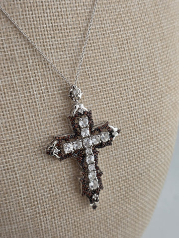 Vintage Sterling Silver 925 Cross Pendant Red Clear CZ Ornate Gothic Necklace