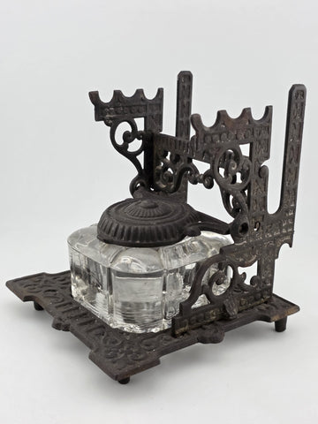 Antique TATUM'S Postal Ink Stand Cast Iron Glass Inkwell Quill & Envelope Holder