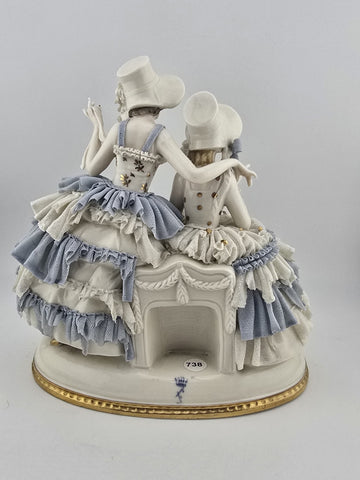 Antique Sitzendorf Dresden Lace Figurine 2 Victorian Ladies Germany Porcelain