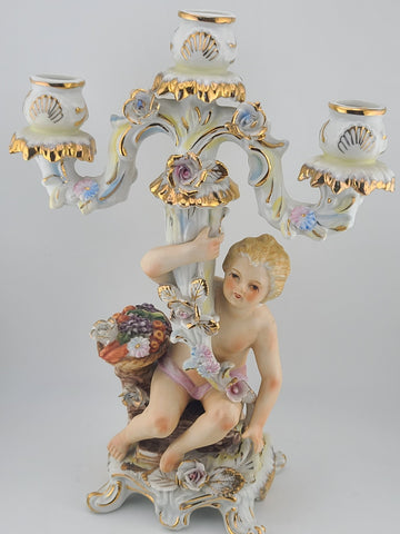 Early 20th C Italian OM Porcelain Cherub Figural 3-Light Candelabra Rococo Style
