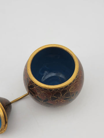Vintage Cloisonné Enamel Brass Pear Shaped Trinket Box with Stem Floral Design