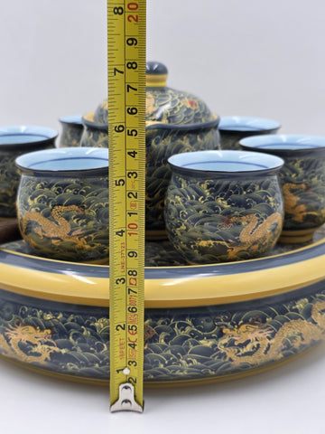 Chinese Qianlong Mark Porcelain Dragon Gongfu Tea Set Teapot 6 Cups Tray. New.