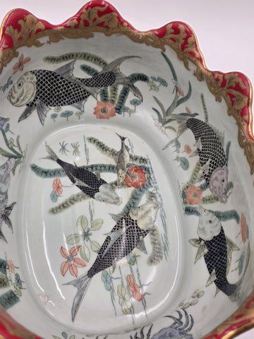 Antique XL Chinese handpainted Red porcelain 24kt gold Oval Footbath, Jardiniere