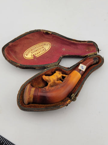 Antique 19th C ECHT German Meerschaum & Amber Pipe Horse Theme W Original Case.