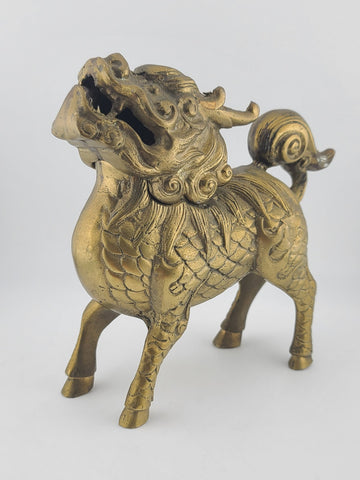 Chinese Brass Kirin Head Deer Feet Statue Incense Burner 6.5x2.25x6.5" Antique