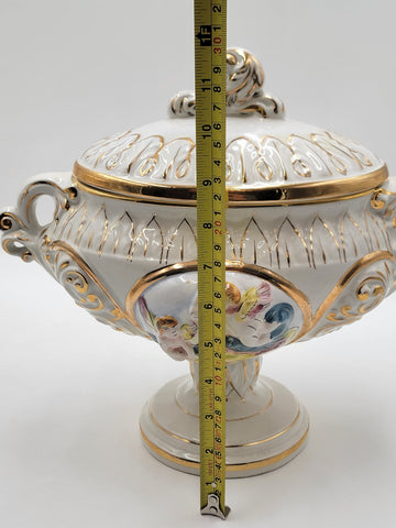 Set Of 2 Keramos Capodimonte Italy Cherub Centerpiece Vase Lidded Pedestal Bowls
