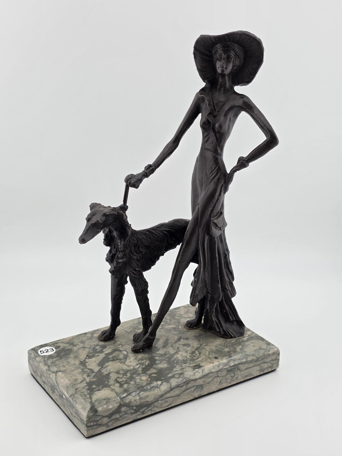 Rare 1930's Art Deco French Bronze Sculpture of Lady Walking Her Greyhound Dog.