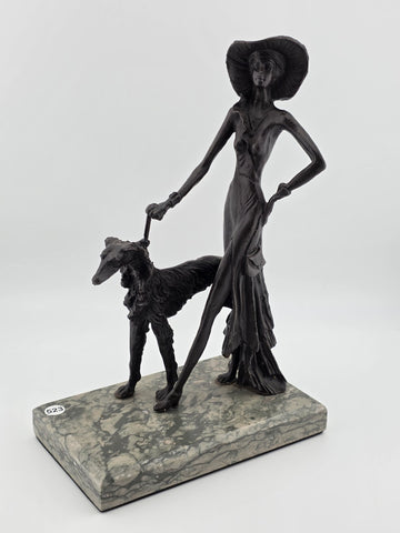 Rare 1930's Art Deco French Bronze Sculpture of Lady Walking Her Greyhound Dog.