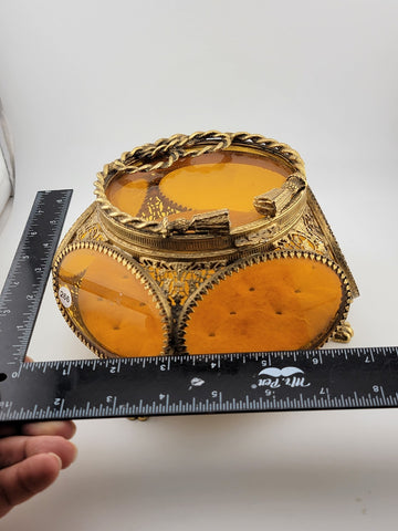 Antique Ormolu Filigree Trinket Casket Vitrine Box, 5-Sided Beveled Amber Glass