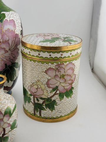 Gorgeous Assortment Of Mid Century  Cloisonne Including 3 VASES & A Tea Caddy.