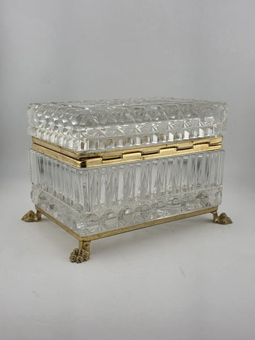 French Baccarat Style Jewelry Casket Footed Box Heavy Crystal Glass Hinged Lid