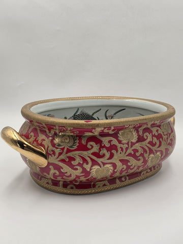 Antique XL Chinese handpainted Red porcelain 24kt gold Oval Footbath, Jardiniere