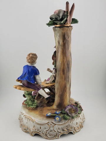 ANTIQUE 19th C DRESDEN VON SCHIERHOLZ BOY & GIRL ON SEESAW FIGURINE. 10.5 in.