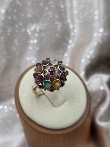 Vintage 14K Gold Multi Gemstone Dome Cluster Ring Garnet Amethyst Citrine Sz 7