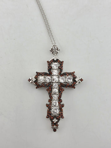 Vintage Sterling Silver 925 Cross Pendant Red Clear CZ Ornate Gothic Necklace