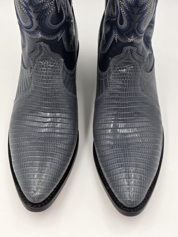 Vtg Dan Post Genuine Lizard Cowboy Boots Mens 9M Blue Denim Gray Exotic Western