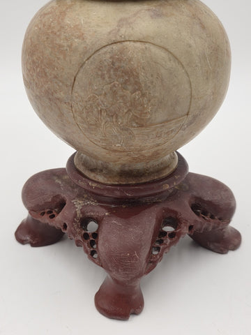 Antique Chinese Carved Hardstone Vase Elephant Ring Handles Stone Stand 12"